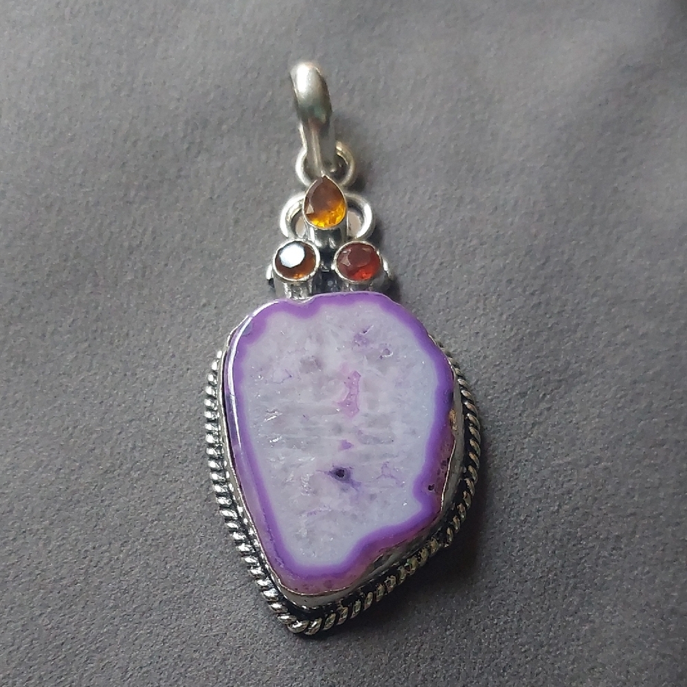 Purple Stone and Amber Color Rhinestone Silver Toned Pendant